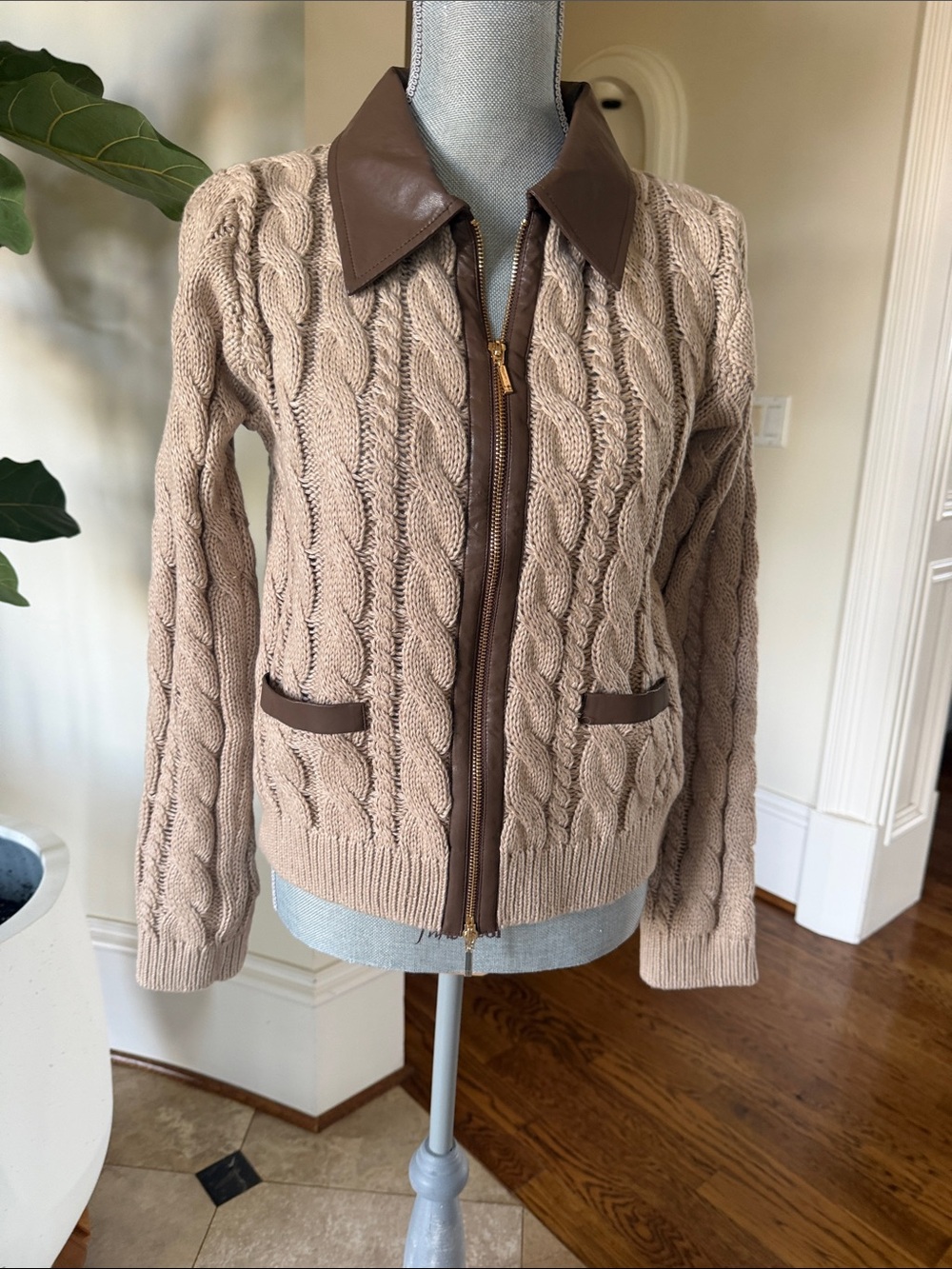 Fate Beige Cable-Knit Zip Cardigan with Brown Leather Trim